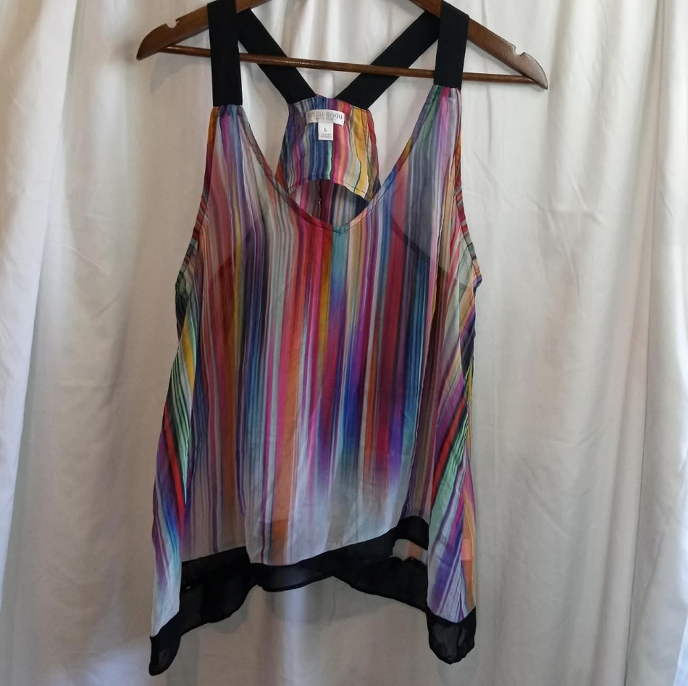 Bisou Bisou Large Rainbow Striped Sheer Tank Black Trim Flowy Boho Office Summer